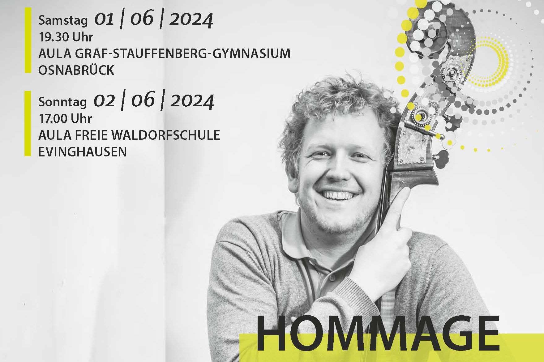 Das Plakat für das Hommage-Konzert ist in grau mit grünen Schmuckbalken gehalten und zeigt einen lachenden Cellisten mit seinem Instrument im Arm.