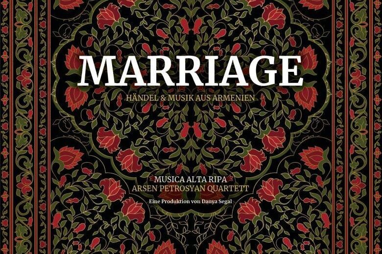 Plakat für die Konzertreihe "MARRIAGE" - weiße Schrift auf dunkel gemustertem Grund, der wie ein Perserteppich aussieht.