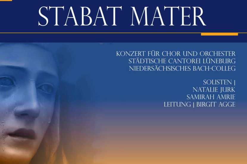 Das Poster für den Auftritt der Cantorei. Es zeigt weißen Text auf dunkelblauem Grund mit einer weinenden Marienstatue und am unteren Ende einen Sonnenaufgang-Ähnlichen Farbverlauf.