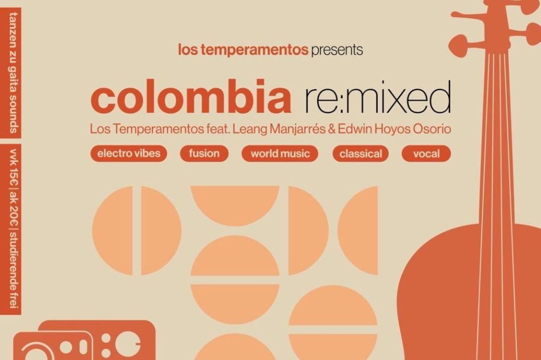 Das Plakat für das Event ist in Beige und Orangetönen gehalten und zeigt leicht stilisierte Silhouetten verschiedener Instrumente, wie z.B. Cello, Mischpult, Palenques.