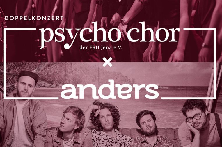 Das Plakat für das Doppelkonzert zeigt oben ein Foto des Chors und unten ein Foto der Band anders, beide Bilder sind monochrom Weinrot eingefärbt.
